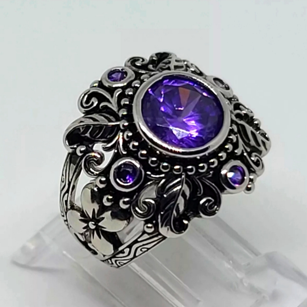 Amethyst Purple 925 Sterling Silver Size-6 Vintage Style